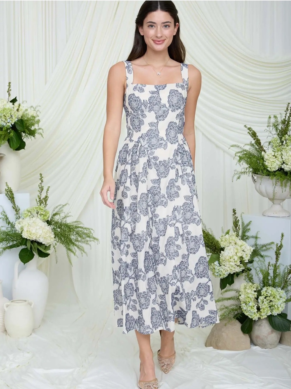 NEW Navy Blue Floral Jacquard Midi Dress Square Neck Sleeveless size Small
